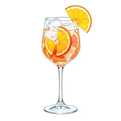 Refreshing cocktail with orange slices and ice cubes isolated on transparent background