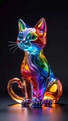 A vibrant and colorful glass statue depicting a cat is placed on a table