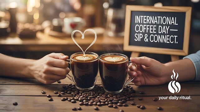 a wooden surface with two cups of coffee, surrounded by coffee beans, with a heart-shaped piece of wood or metal on the cups, in front of an "International Coffee Day 9th September" sign, blurred back - Powered by Adobe
