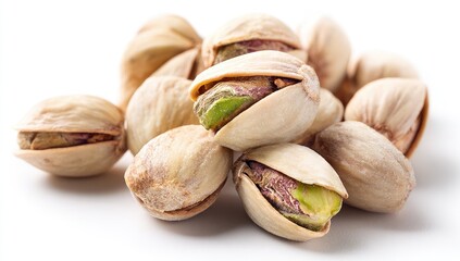 Close-up of pistachios in shells, clustered together against a white background