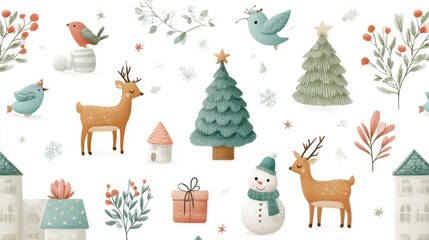 Naklejka premium Christmas deer and snowman with festive holiday decor