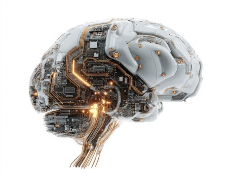 A 3D rendering of a human brain with intricate circuit board-like structures embedded within its form.  Illuminated gold/orange circuitry glows inside