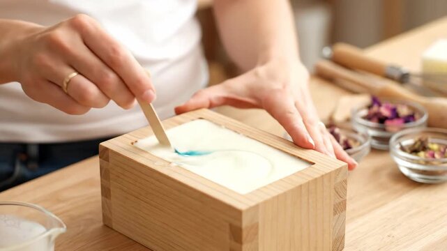 Creative woman making craft soap mixing liquid in wooden mold for handmade cosmetic product footage