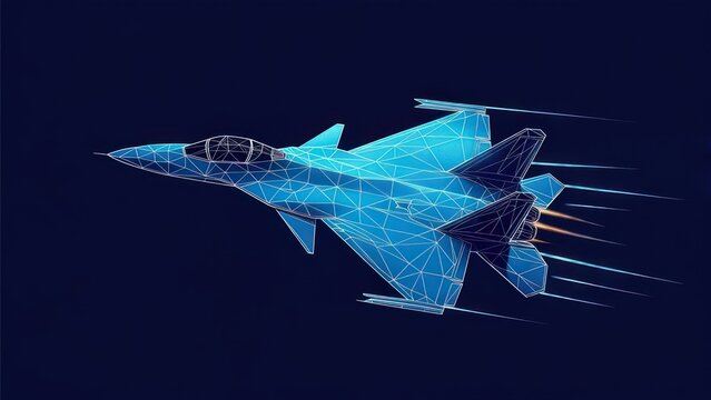A stylized, low-poly, polygonal fighter jet in flight against a dark background. The jet is light blue, with dark lines defining its shape and a trailing plume of light suggesting speed