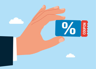 Hand holds coupon promotion sale. Lucky ticket, special offer promo. Special price offers. Vector flat illustration 