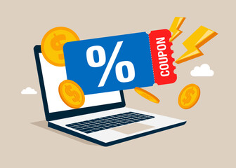 Shopping online. Discount coupon in laptop. Lucky ticket. Special price offers. Vector flat illustration 
