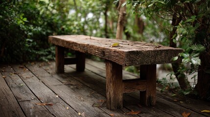 Naklejka premium Rustic wooden park bench on a weathered wooden deck surrounded by lush green foliage and vibrant plants in a serene outdoor garden setting
