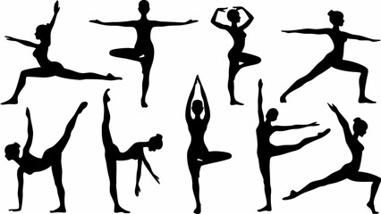 Dynamic silhouettes of women in graceful yoga poses embodying strength flexibility and mindful movement for wellness promotion