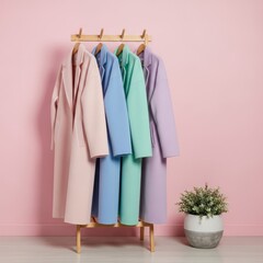 Soft pastel coats hang neatly on a wooden rack against a clean pink background, offering a touch of gentle elegance.