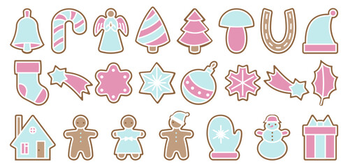 Set of vector silhouettes of Christmas cookies. Gingerbread man, tree, star, snowman, holiday biscuit shapes, festive baking cutters, Xmas decorations