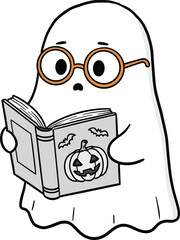 Halloween, ghost, book, reading, spooky, festive, cartoon, cute, orange, glasses, pumpkin, curious, white, holiday, decoration, playful, character, fun, illustration, design