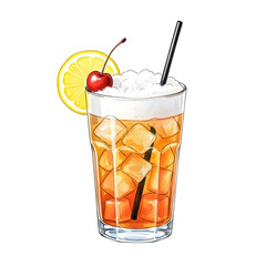 Iced tea with lemon and cherry isolated on transparent background