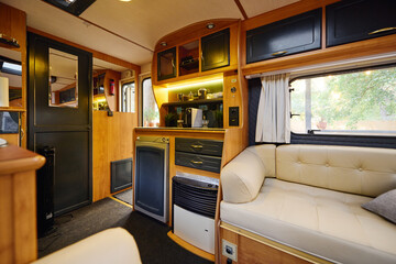 Rustic camping cabin interior with cozy design and warm atmosphere for serene getaways