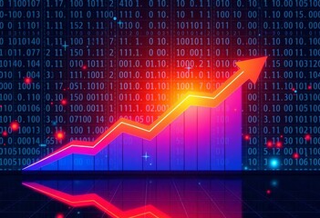 Upward trending graph with arrows and binary code backdrop, success, business