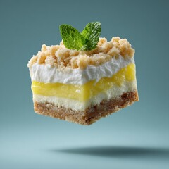 A delicious square slice of layered lemon dessert levitating in mid air with a mint garnish on top.