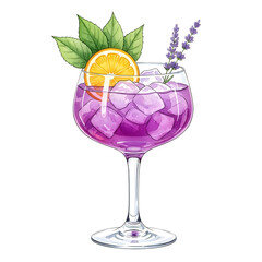 Purple gin and tonic with orange slice and lavender isolated on transparent background