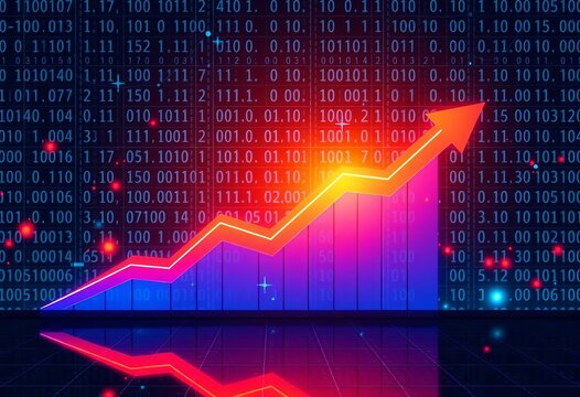 Upward trending graph with arrows and binary code backdrop,  success,  business