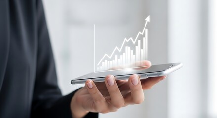 Woman holds phone showing upward growth chart