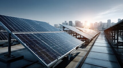 Solar panels installed on a rooftop facing a modern city skyline during sunrise, emphasizing renewable energy and sustainable urban development
