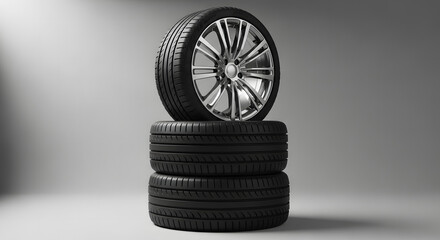 Car tires and alloy wheels stacked on gray background – Vertical wheel set