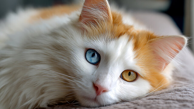 Close-up of a beautiful white and ginger cat with heterochromia, featuring one blue and one yellow eye, resting.