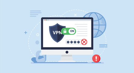 Computer screen displaying a VPN connection with a shield icon, password field, and an active status indicator, symbolizing online security and privacy.