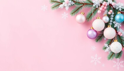 Delicate pastel pink background with a whimsical Christmas garland border featuring pastel-colored ornaments and snowflakes,  design,  whimsical
