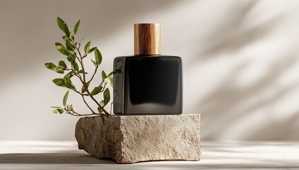 Naklejka premium Black perfume bottle on stone pedestal, natural light