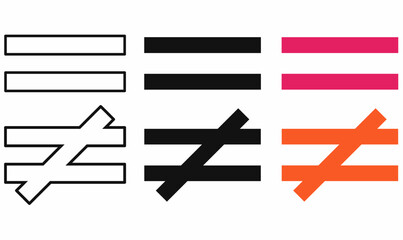Vector set of equal sign and not equal sign math symbols in outline, silhouette, and colorful style. Education, mathematics, logic, and science icon for learning and infographic design.
