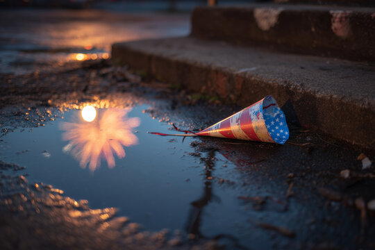 Party hat discarded in puddle reflecting sunset and fireworks