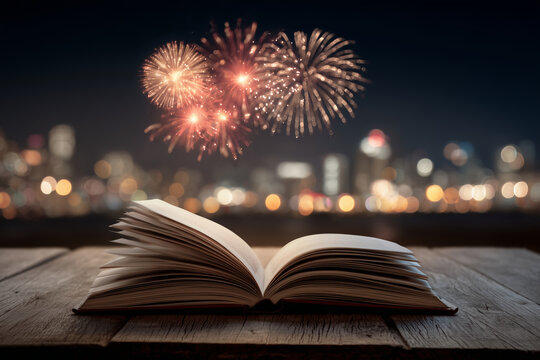 Open book on wooden table with fireworks in night sky