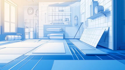 Fototapeta premium Technical line art illustration of underlayment installation in kitchen 