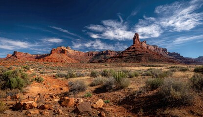 Naklejka premium Red rock landscape under a vibrant blue sky. Vast desert landscape with buttes and mesas, scattered scrub and low vegetation. A clear path winds through the foreground