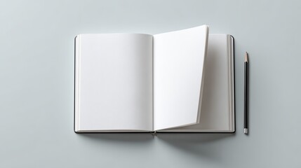 Open blank notebook with a black pen on a light gray background for creative writing, doodling, journaling, or note-taking in a professional workspace or classroom setting