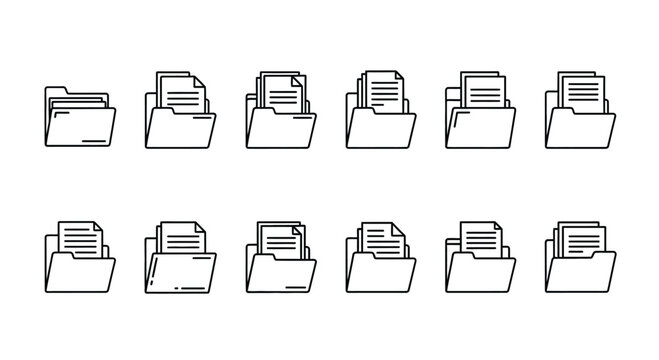 Collection of ten open file folders with documents inside icons set vector