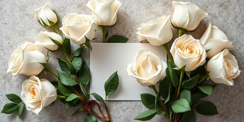 Elegant white roses arranged beside a blank greeting card,  blossom,  bloom
