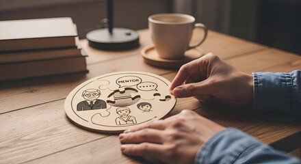 Forming Mentorship Bonds: Circular Wooden Puzzle with Mentor and Speech Bubble Icons
