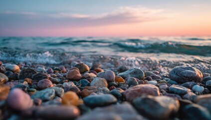 Obraz premium Colorful wet pebbles on a serene beach at sunset with gentle ocean waves.