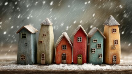 Snowy colorful gingerbread houses with festive glowing windows