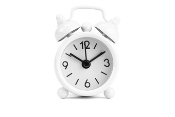 Classic white twin bell alarm clock showing ten past ten. Concept of time, deadline, and morning wake up call, isolated on white background with clipping path.