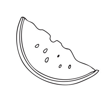 Outline drawing of a watermelon slice isolated on a white background. Vector. Doodle illustration. Design element for product packaging, cosmetics, menus, holidays