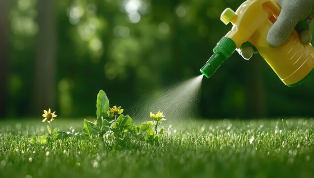 A gloved hand sprays herbicide on weeds in a lush green lawn, targeting unwanted plants selectively