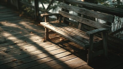 Empty wooden park bench on a weathered wooden deck illuminated by dappled sunlight, surrounded by natural foliage creating a peaceful outdoor seating area in a tranquil garden setting