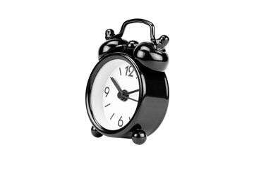 Classic black twin bell alarm clock at an angle. Concept of time, urgency, and business deadlines, isolated on white background with clipping path.