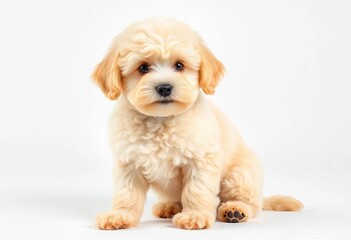 Obraz premium Fluffy toy poodle puppy sits on white, alert and playful, fluffy dog, sitting