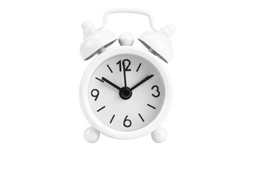 Classic white twin bell alarm clock showing ten past ten. Concept of time, deadline, and morning wake up call, isolated on white background with clipping path.
