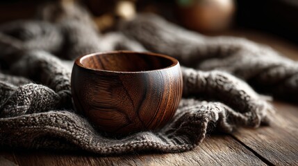 Elegant wooden bowl with a smooth polished surface and intricate natural grain resting on a textured gray fabric background with wooden surface beneath, close-up shot showcasing craftsmanship