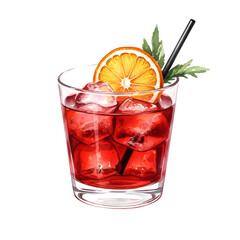 Refreshing red cocktail with orange slice and garnish isolated on transparent background