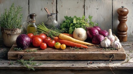 Fresh Organic Vegetables and Herbs Arrangement on Rustic Wooden Surface with Garlic, Carrots, Tomatoes, Onion, Parsley, Rosemary, Olive Oil, and Pepper Mill in a Vintage Kitchen Scene