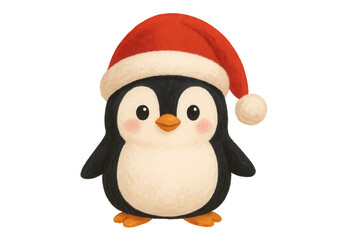 Obraz premium Cute christmas penguin wearing a santa hat, standing smiling, festive winter holiday illustration with transparent background
